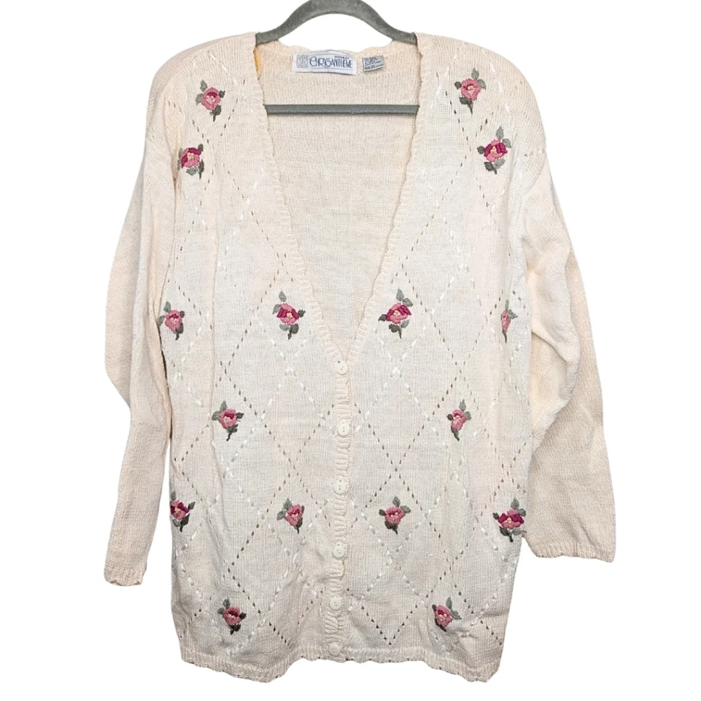 Vintage Cream Embroidered Rose Cardigan Cottagecore Floral Knit Sweater | 1X - Picture 1 of 5